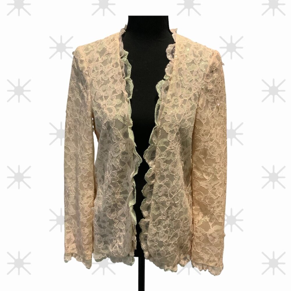 Jack Bryan Vintage Sequin Beaded Ivory Lace Scalloped Edge Elegant Jacket - Picture 1 of 11